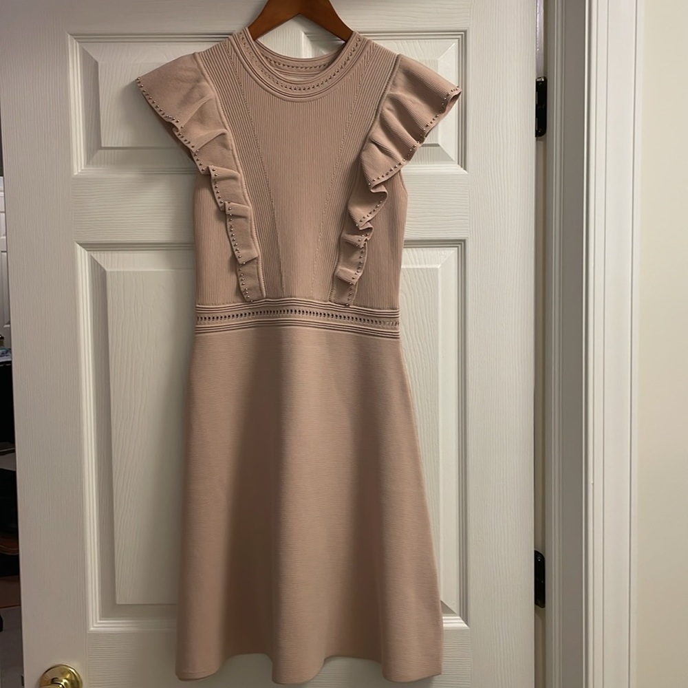 Sandro Tilla Ruffle Trimmed Embellished Ribbed Knit Pink Dress Size 38